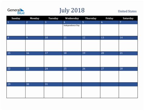 July 2018 Monthly Calendar With United States Holidays