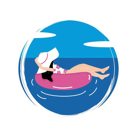 Lindo Logo O Icono Vector Con Playa Chica Nadando En Rosa Inflable