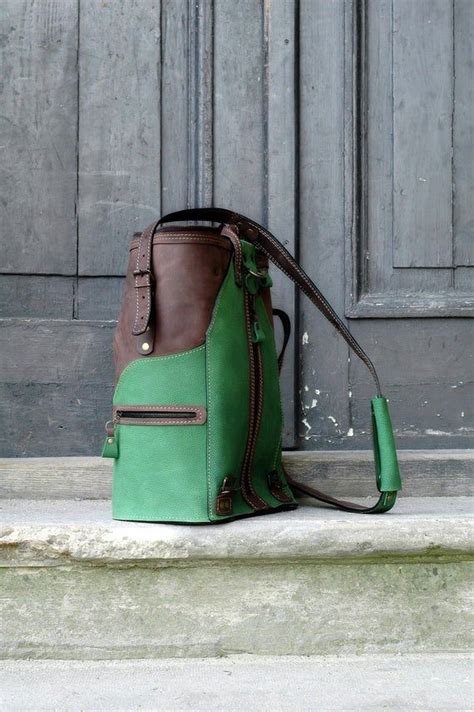 New Leather Handmade Backpack Shoulder Bag Brown And Green Etsy