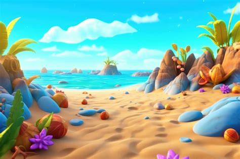 Premium Ai Image Cartoon Beach With Sea And Blue Sky D Illustration