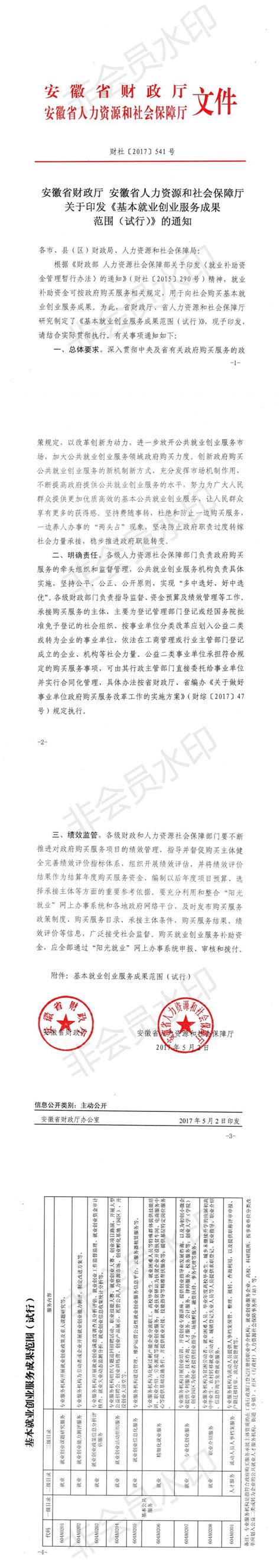 安徽省财政厅安徽省人力资源和社会保障厅关于印发《基本就业创业服务成果范围试行》的通知 标准化规范化工作专题