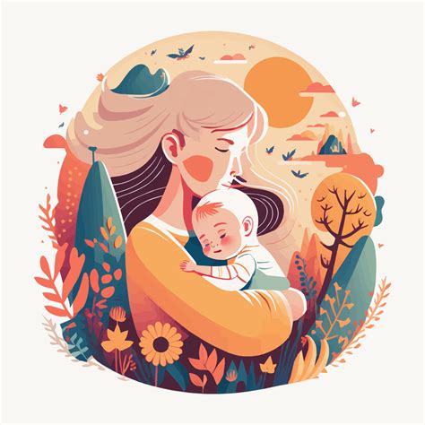 Happy Mothers Day Mom Hug Lovely Baby Floral Background Vector Flat