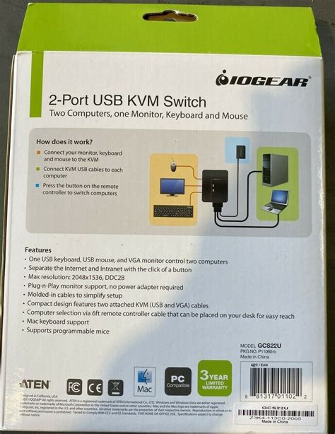 Iogear Gcs U Kvm Switch Ports Usb Vga Cable Kvm Switch New