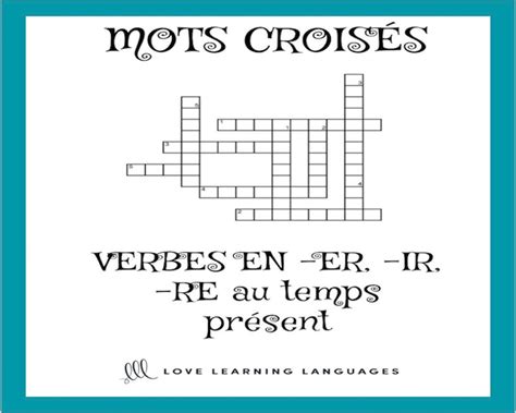 French ER IR RE Verbs Crossword Puzzle Regular Verbs Present Tense