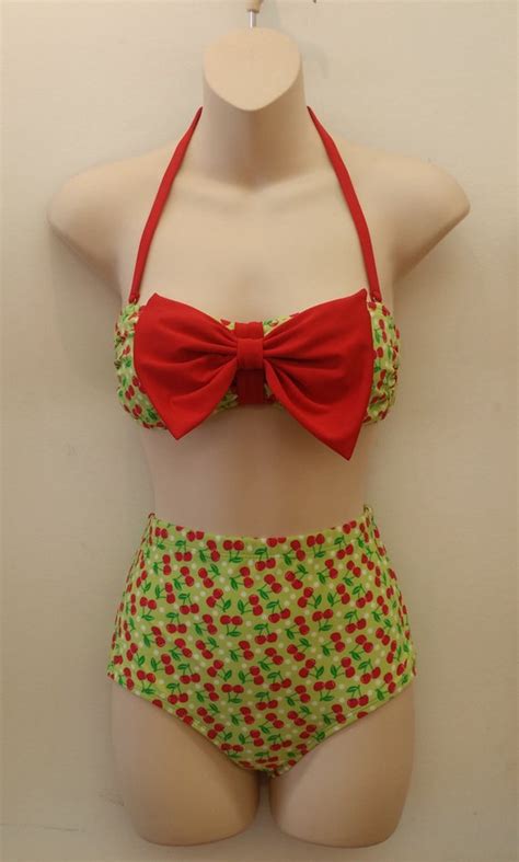 Items Similar To Cherry With Red Bow Bandeau High Waist Bikini On Etsy