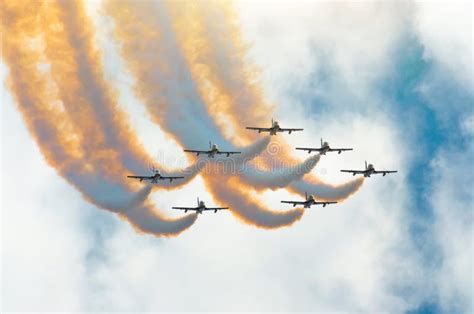 Aircraft Fighter Jets Smoke The Background Of Sky And Sun Stock Photo