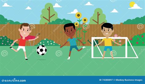 Ilustração Dos Meninos Que Jogam O Futebol No Jardim Junto Ilustração