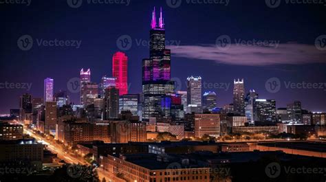 Night view of Willis Tower - formerly Sears Tower. Generative AI ...