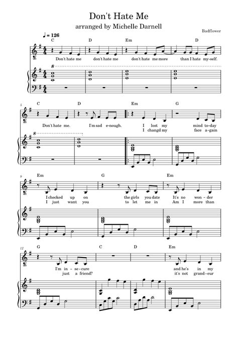 Dont Hate Me Badflower Sheet Music For Piano Vocals Piano Voice