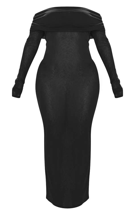 Shape Black Sheer Mesh Bardot Maxi Dress Shape Prettylittlething