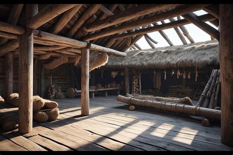 Premium Photo A Viking Longhouse With Wooden Beams And Animal Hides