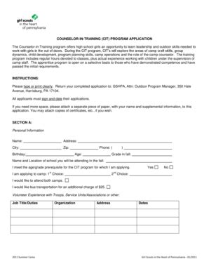 Fillable Online Gshpa Counselor In Training Cit Program Application