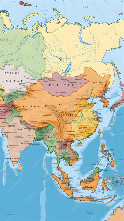 detailed geographical representation  asia map  colorcoded