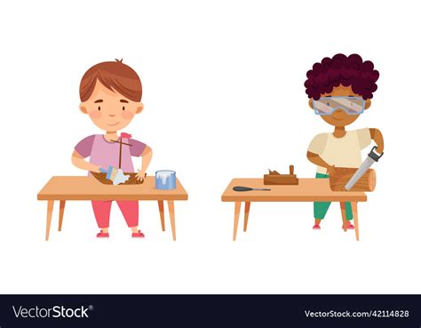 Cute Boys Doing Carpentry Work Kids Painting Vector Image