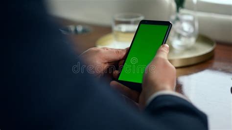 Closeup Hands Holding Smartphone With Chroma Key Screen Man Using