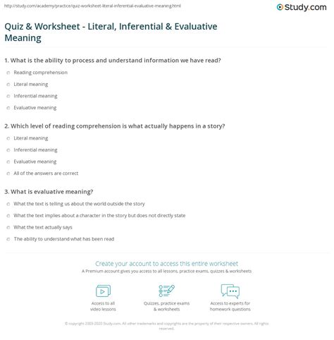 Quiz And Worksheet Literal Inferential And Evaluative Meaning