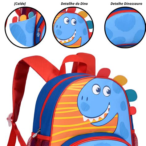 Mochila Escolar De Costas Infantil Clio Pets Dinossauro Azul Escola