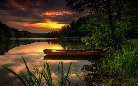 Download Reflection Sunset Lake Vehicle Boat Hd Wallpaper