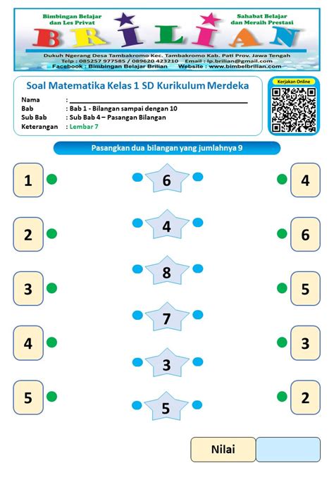 Soal Matematika Kelas 1 SD Bab 1 Sub Bab 4 Pasangan Bilangan Lembar 6