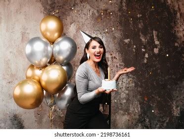 Happy Birthday Sexy Brunette Posing Balloons Stock Photo 2198736161