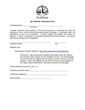 Fillable Online Cityofevanston Sex Offender Verification Form Candidate