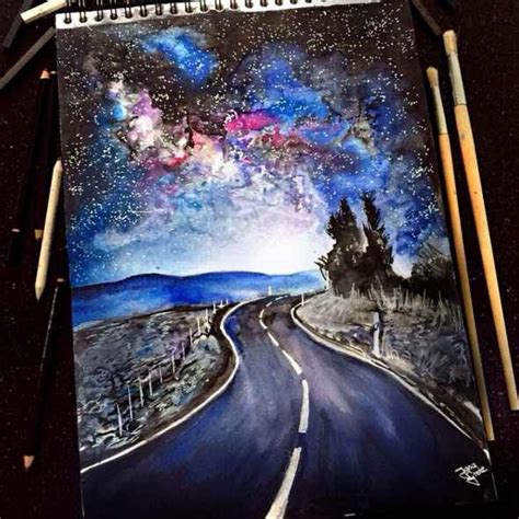 A Drawing Of A Road With Stars In The Sky