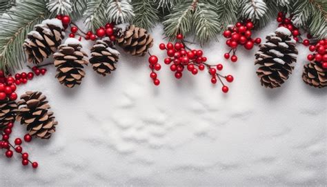 Premium Photo A White Snowy Background With Pine Cones And Berries