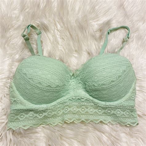 Victorias Secret Pink Small Bralette Green Lace Push Up Underwire