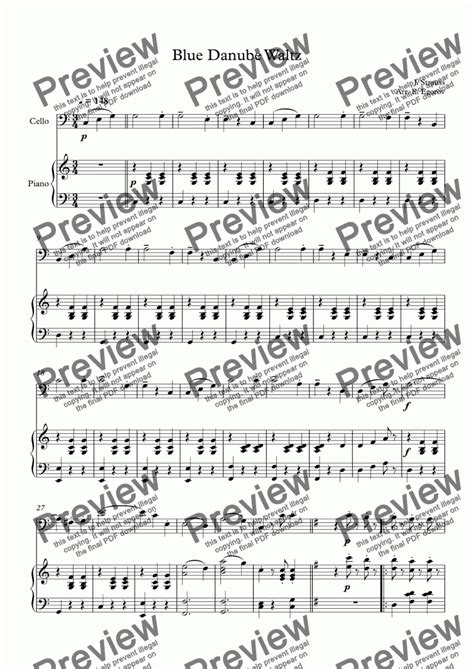 Blue Danube Waltz Johann Strauss Jr For Cello Piano Sheet Music