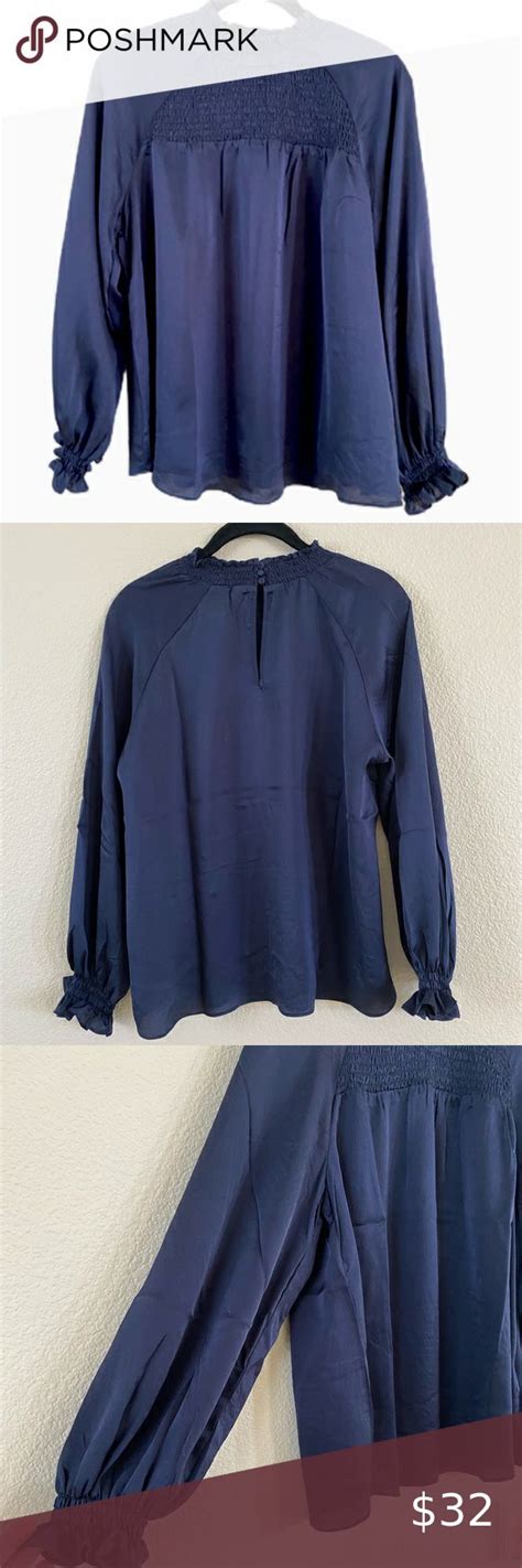 Nanette Lepore Navy Blue Long Sleeve Ruffled Neck Pull Over Blouse