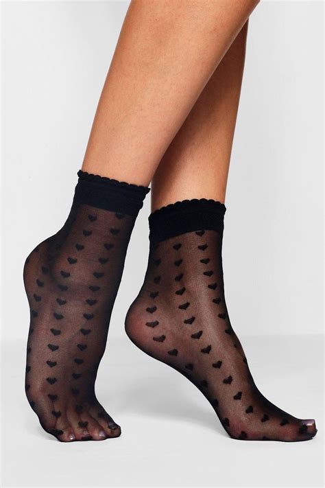 Womens Heart Print Sheer Ankle Socks Black One Size Ankle Socks