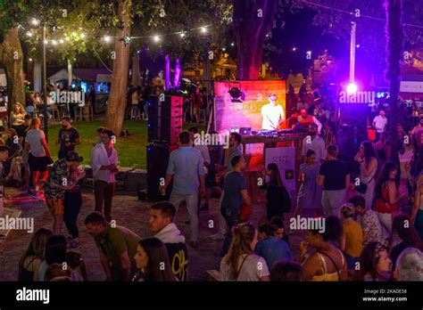 A night view of a crowd of people at a food festival in park Stock ...