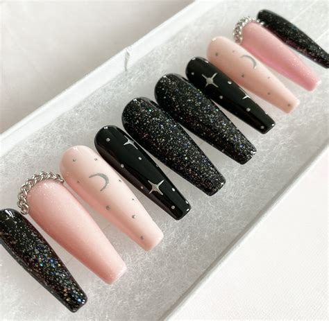 Black Nails With Pink Glitter