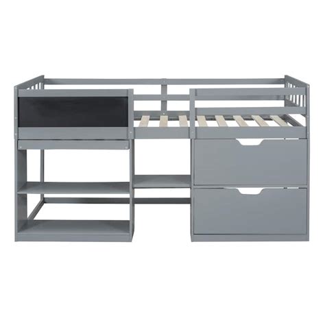 Twin Size Low Loft Bed With Rolling Desk Blackboard Bookshelf And