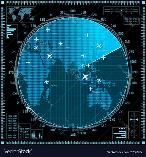 Blue radar screen with planes and world map Vector Image