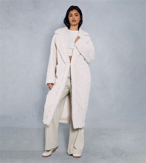 Buy Misspap Longline Oversized Collar Teddy Fur Coat In Cream