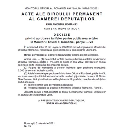 Tarife Pentru Publicarea Unor Acte N Monitorul Oficial Al Rom Niei