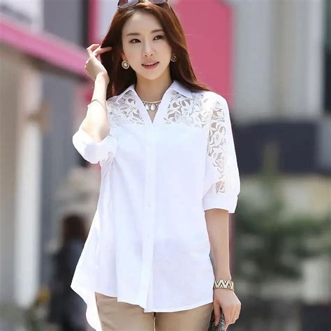 Plus Size Women Blouses White Cotton Lace Patchwork Turn Down Collar