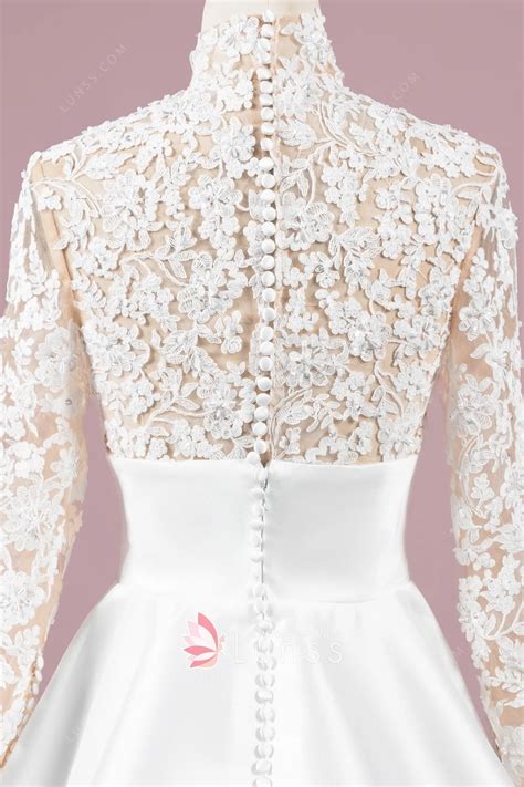 Modest Ivory Lace Satin High-neck Vintage Wedding Gown - Lunss