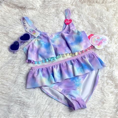 Btween Swim Bmagical By Btween Purple Blue Tye Dye Ruffle Skirt Bikini Sunglass Set Size