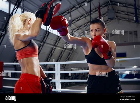 Two Female Professional Boxers Boxing At Boxing Ring At Sport Gym Two