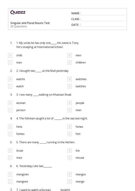 50 Plural Nouns Worksheets On Quizizz Free And Printable