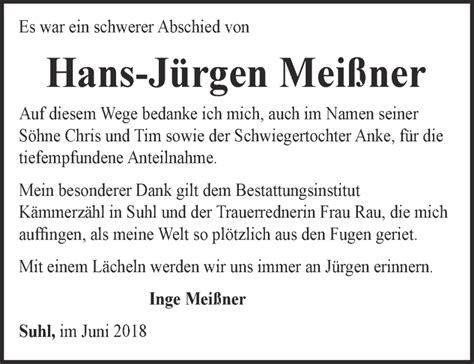 Traueranzeigen Von Hans J Rgen Mei Ner Trauer In Thueringen De