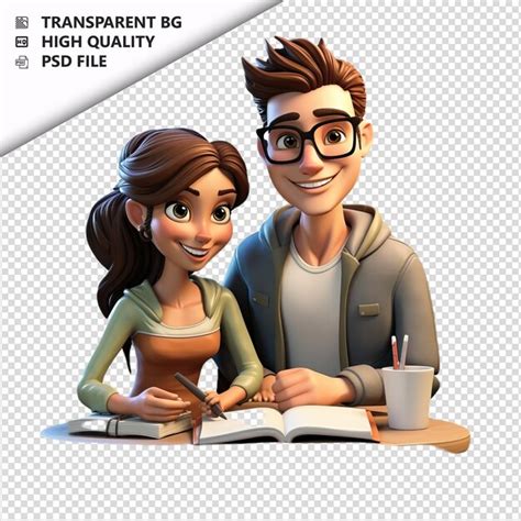 Casal Latino Estudando Desenho Animado Em 3d Fundo Branco PSD Premium