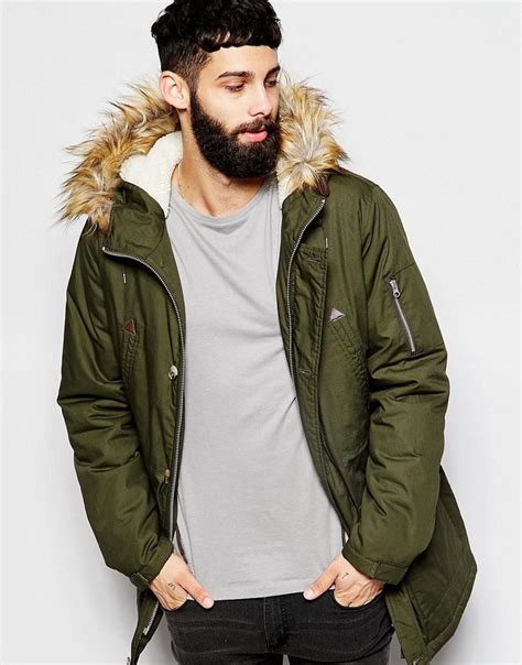 Asos Parka Jacket With Faux Fur Hood In Khaki At Parka