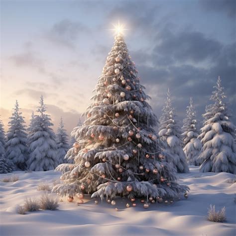 Premium AI Image | snowy scene with a christmas tree and a sun shining ...