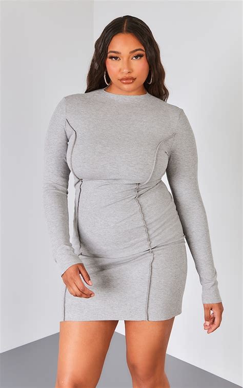 Plus Grey Ribbed Long Sleeve Seam Bodycon Dress Prettylittlething Usa