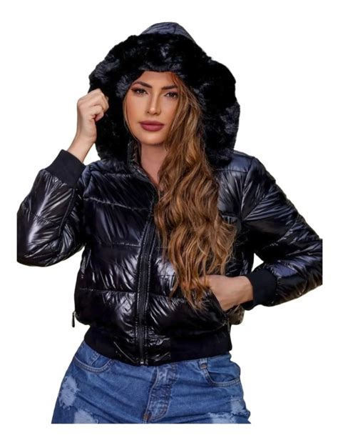 Jaqueta Metalizada Puffer Curta Feminina C Forro Inverno