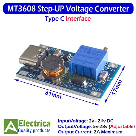 MT3608 Type C Input 2A Adjustable DC DC Boost Step Up Converter With