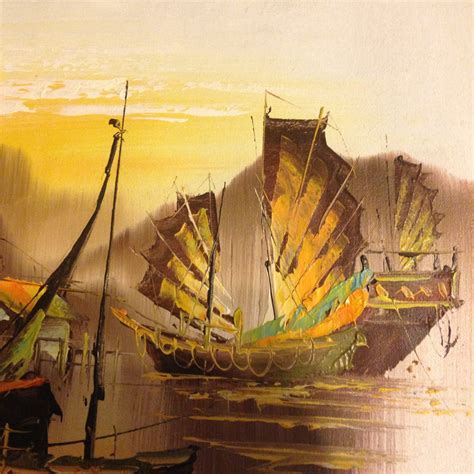 Vintage 1960s Painting On Canvas Chinese Junk Boat Oil Etsy